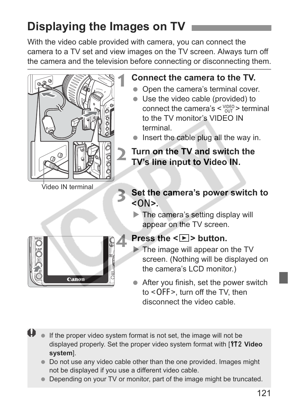 Displaying the images on tv | Canon EOS Rebel XTI User Manual | Page 121 / 180