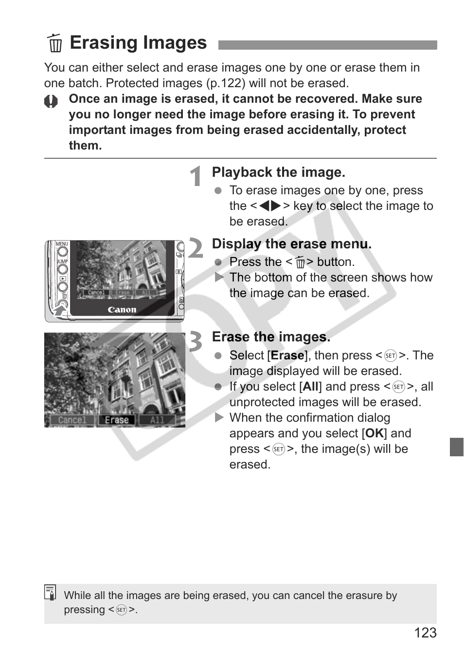 Lerasing images | Canon EOS Rebel XTI User Manual | Page 123 / 180