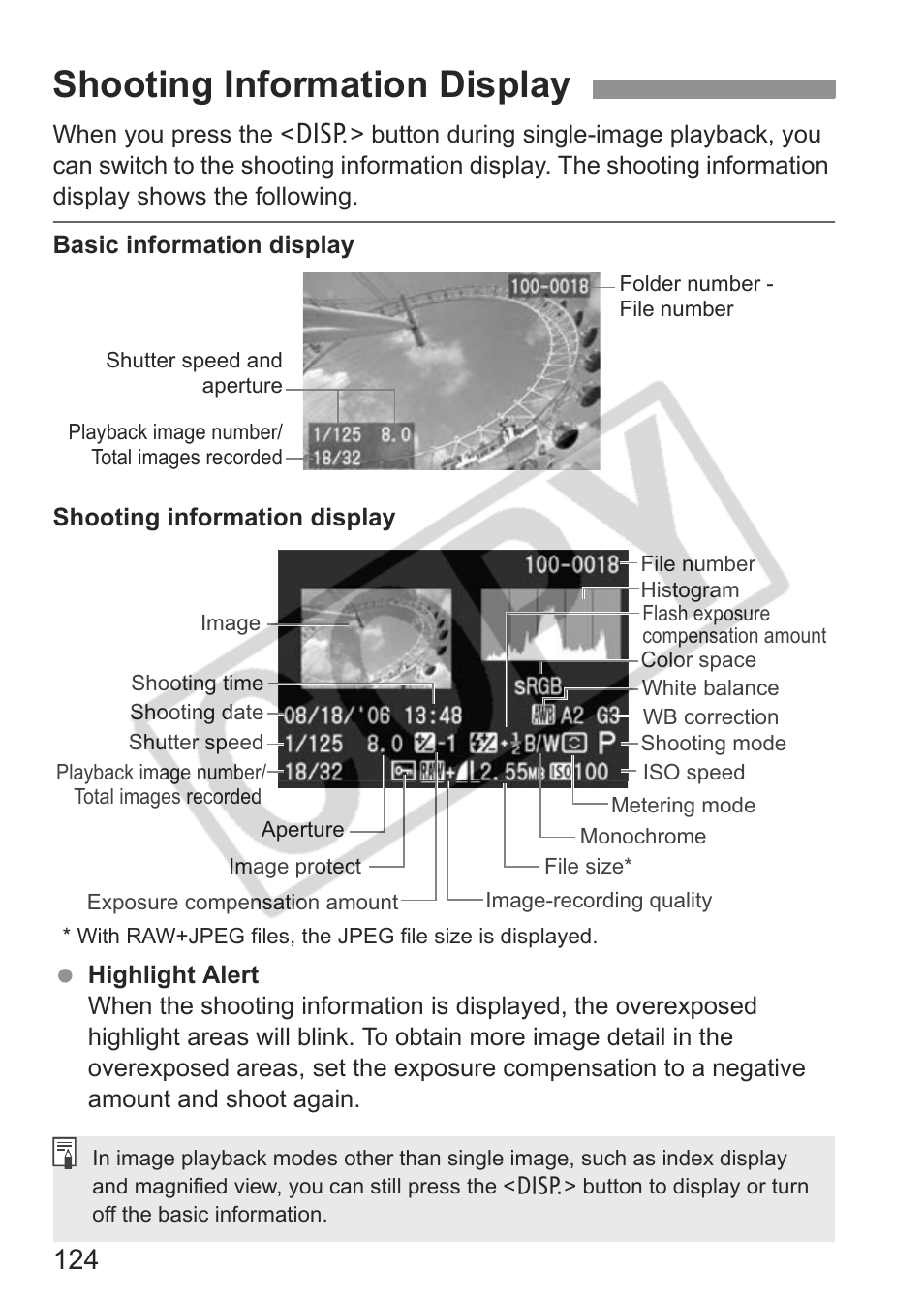 Shooting information display | Canon EOS Rebel XTI User Manual | Page 124 / 180