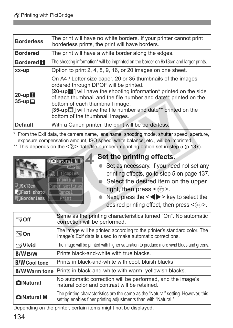 Set the printing effects | Canon EOS Rebel XTI User Manual | Page 134 / 180