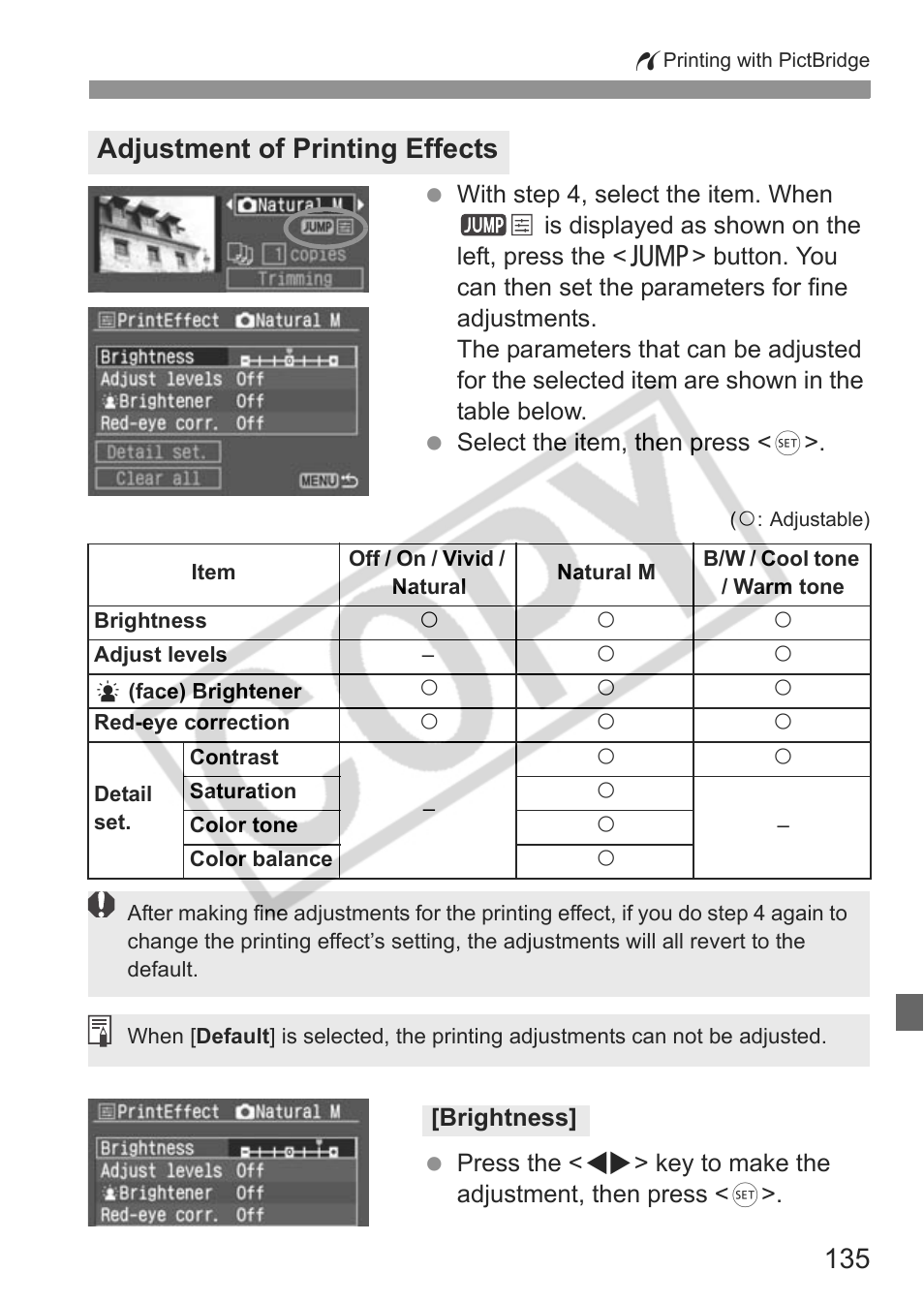 Adjustment of printing effects | Canon EOS Rebel XTI User Manual | Page 135 / 180