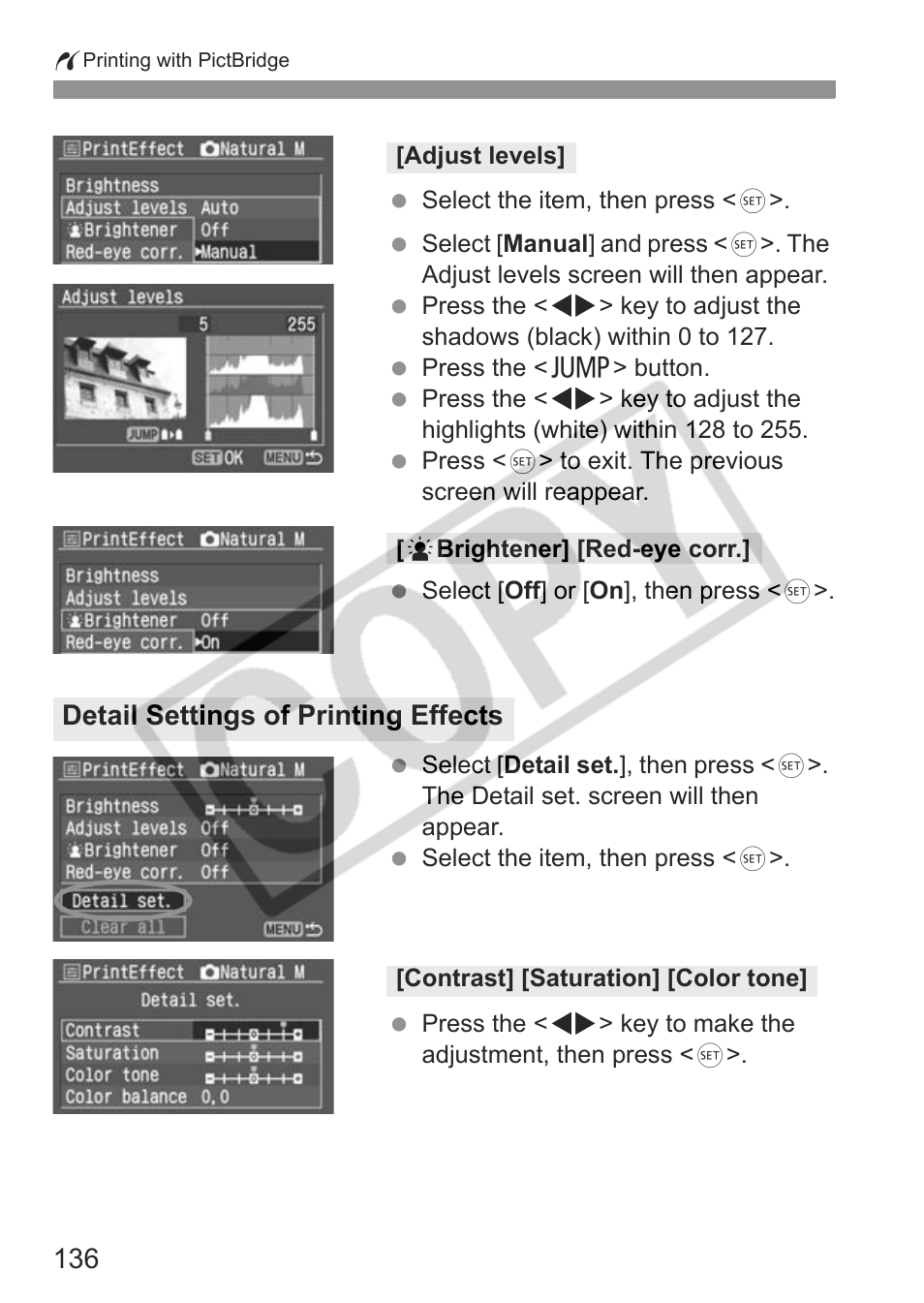 Detail settings of printing effects | Canon EOS Rebel XTI User Manual | Page 136 / 180