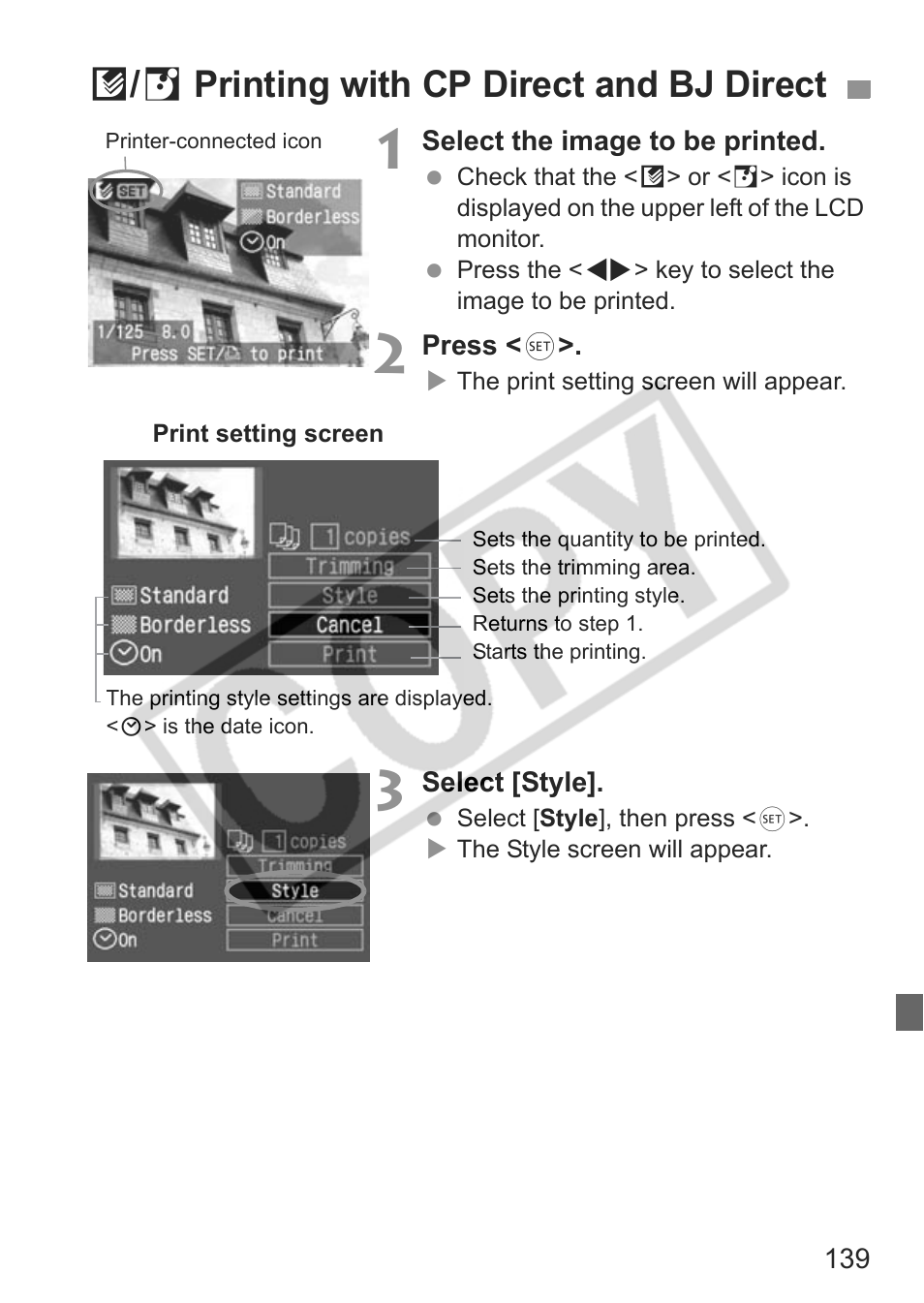 A / s printing with cp direct and bj direct | Canon EOS Rebel XTI User Manual | Page 139 / 180