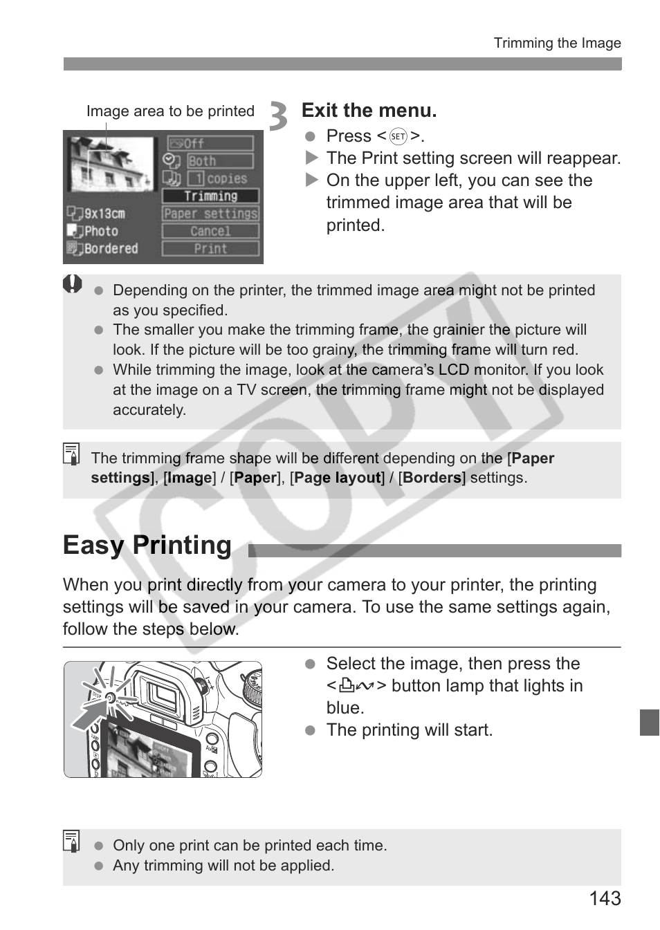 Easy printing, Exit the menu | Canon EOS Rebel XTI User Manual | Page 143 / 180