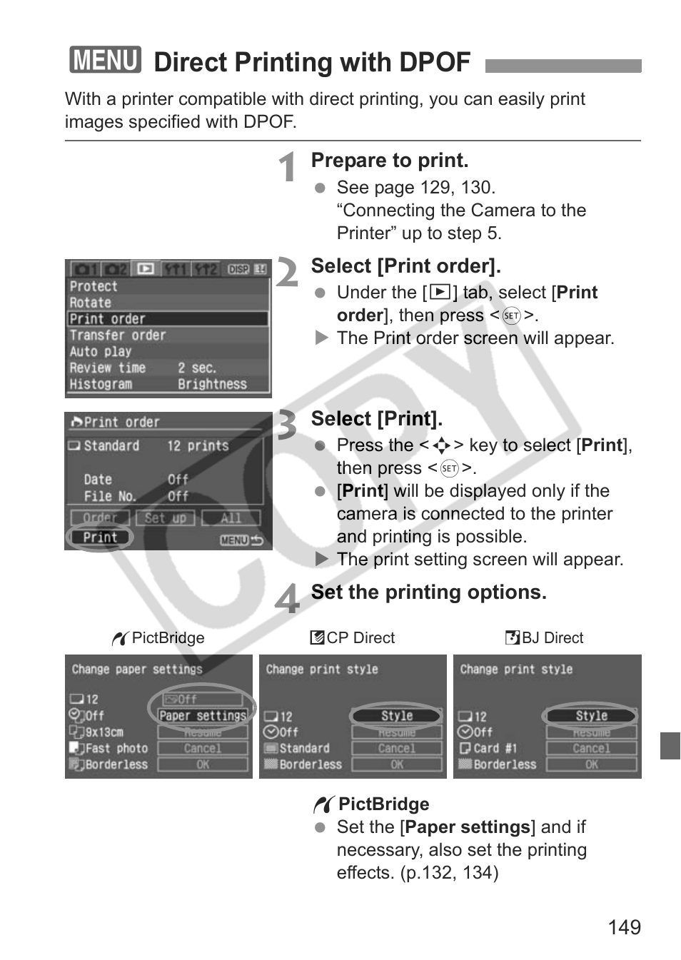 Direct printing with dpof | Canon EOS Rebel XTI User Manual | Page 149 / 180
