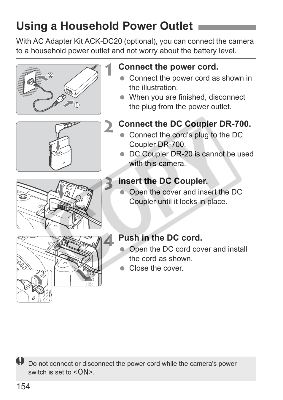 Using a household power outlet | Canon EOS Rebel XTI User Manual | Page 154 / 180