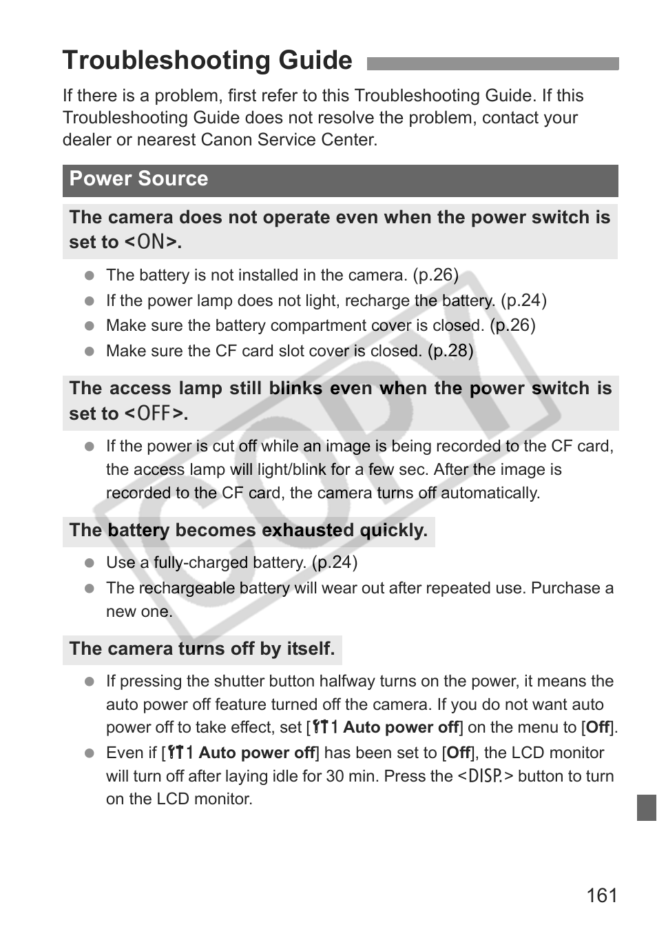 Troubleshooting guide, Power source | Canon EOS Rebel XTI User Manual | Page 161 / 180