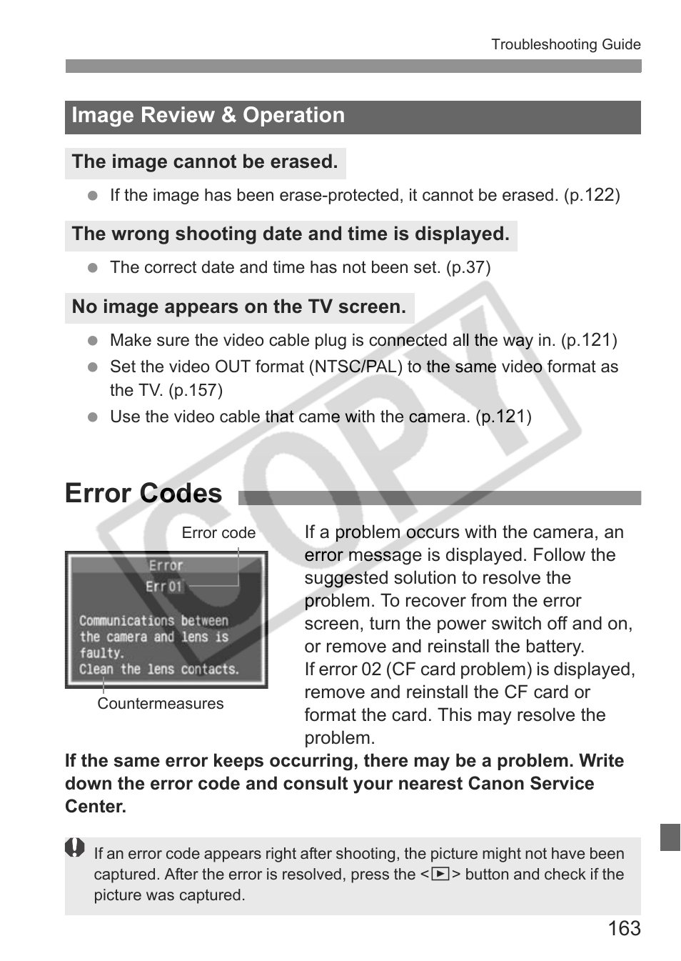 Error codes, Image review & operation | Canon EOS Rebel XTI User Manual | Page 163 / 180