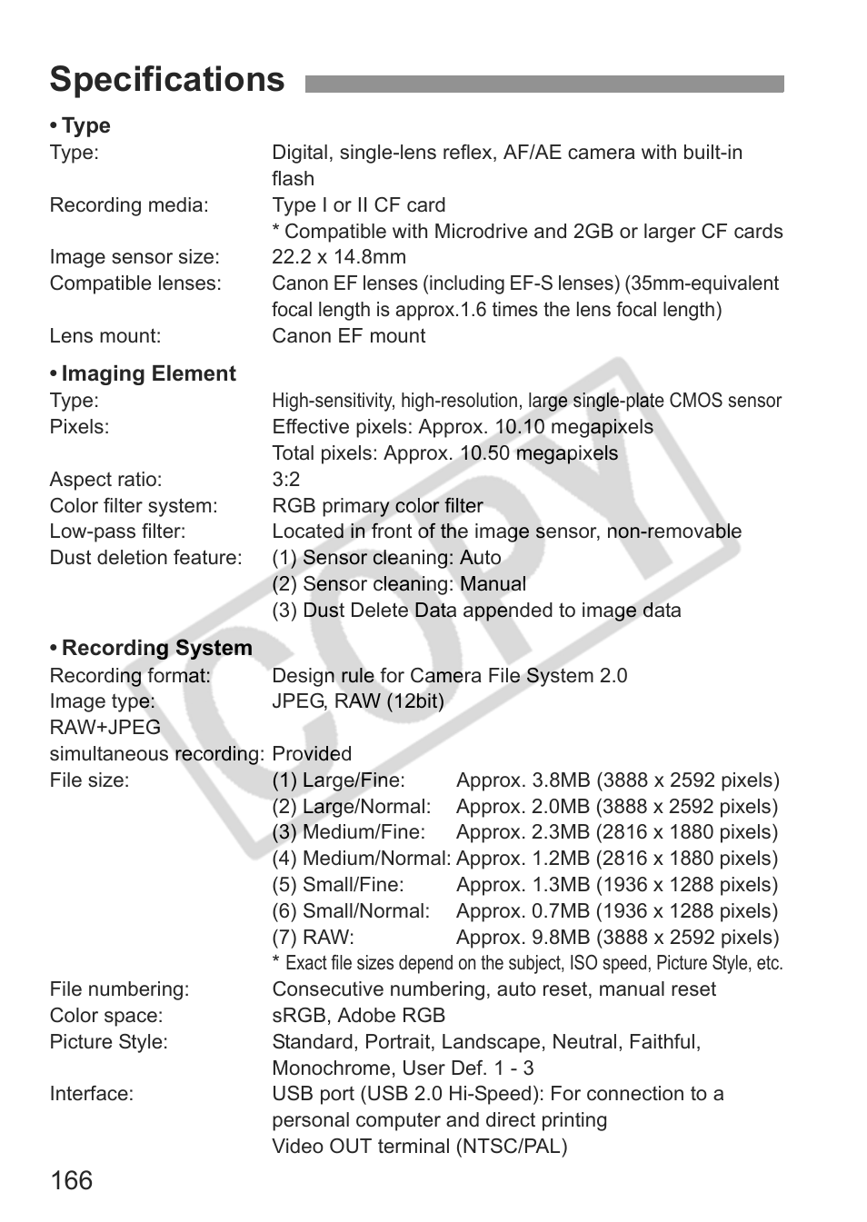 Specifications | Canon EOS Rebel XTI User Manual | Page 166 / 180