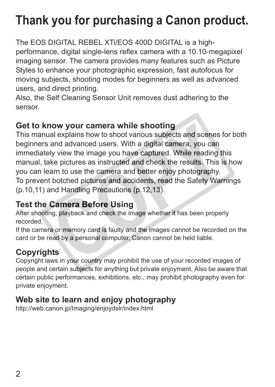 Canon EOS Rebel XTI User Manual | Page 2 / 180