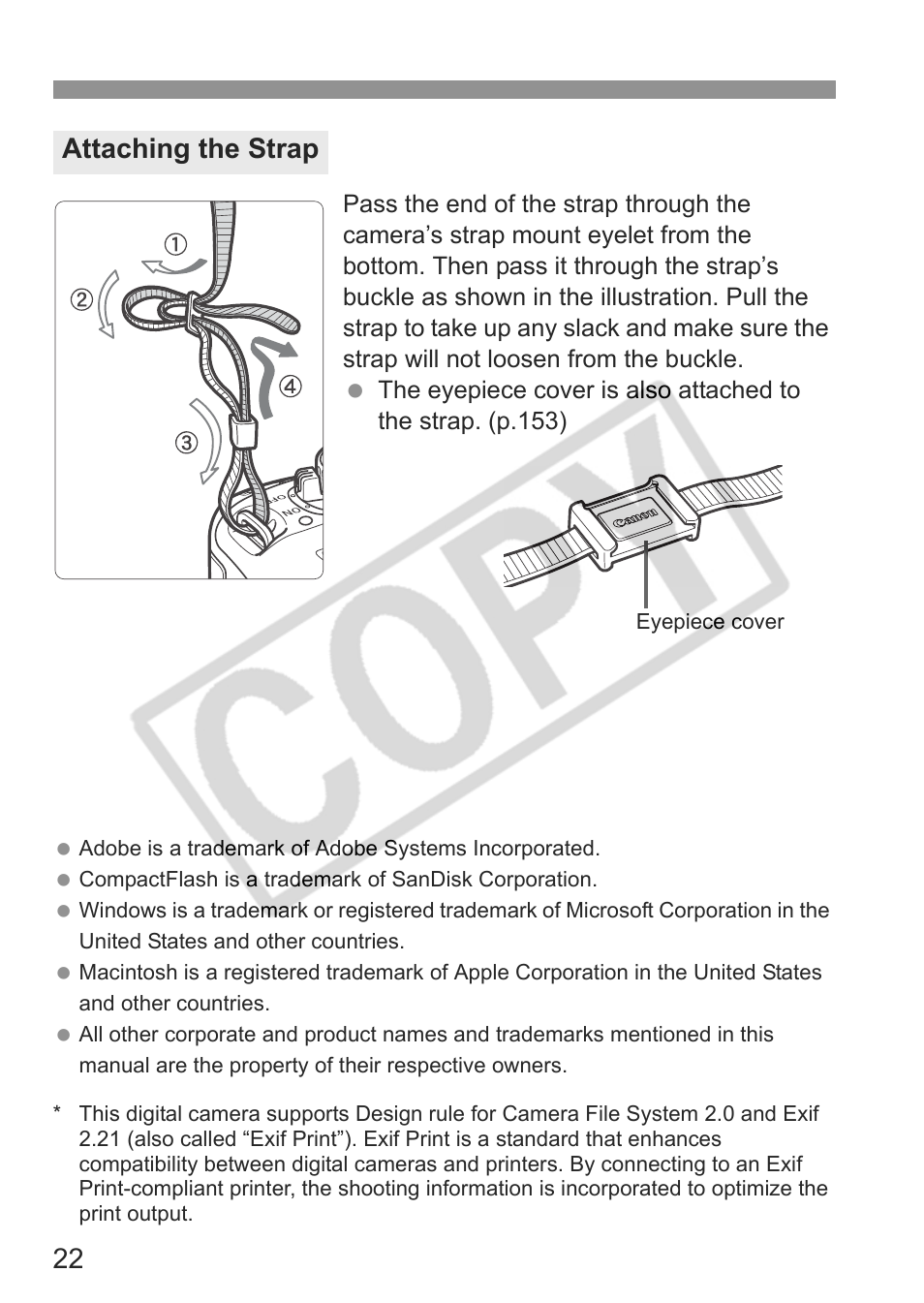 Attaching the strap | Canon EOS Rebel XTI User Manual | Page 22 / 180