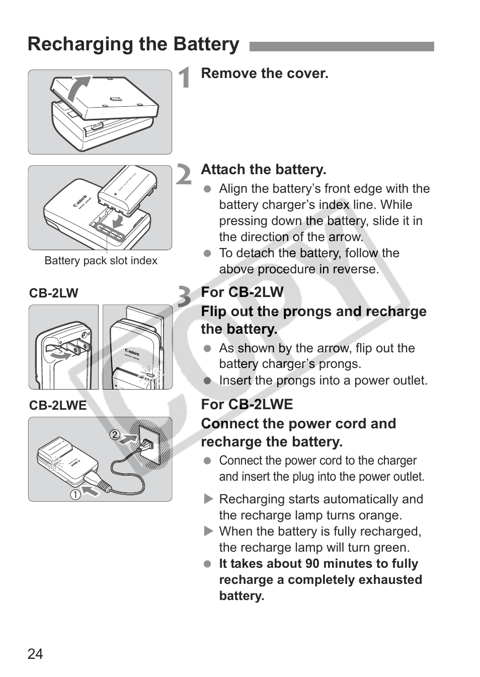 Recharging the battery | Canon EOS Rebel XTI User Manual | Page 24 / 180