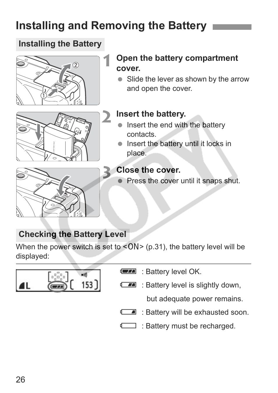 Installing and removing the battery | Canon EOS Rebel XTI User Manual | Page 26 / 180