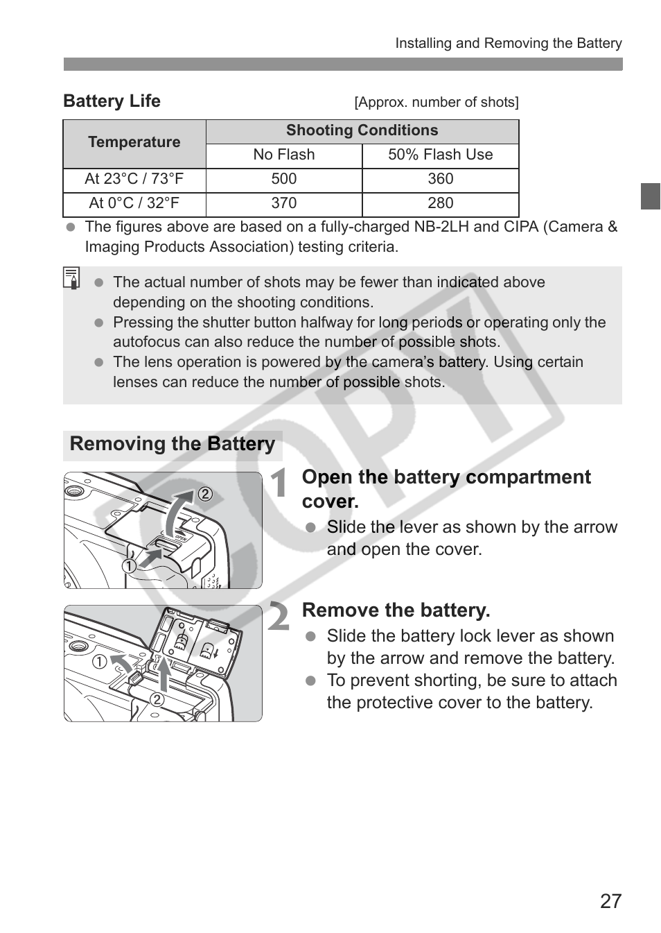 Open the battery compartment cover, Remove the battery, Removing the battery | Canon EOS Rebel XTI User Manual | Page 27 / 180