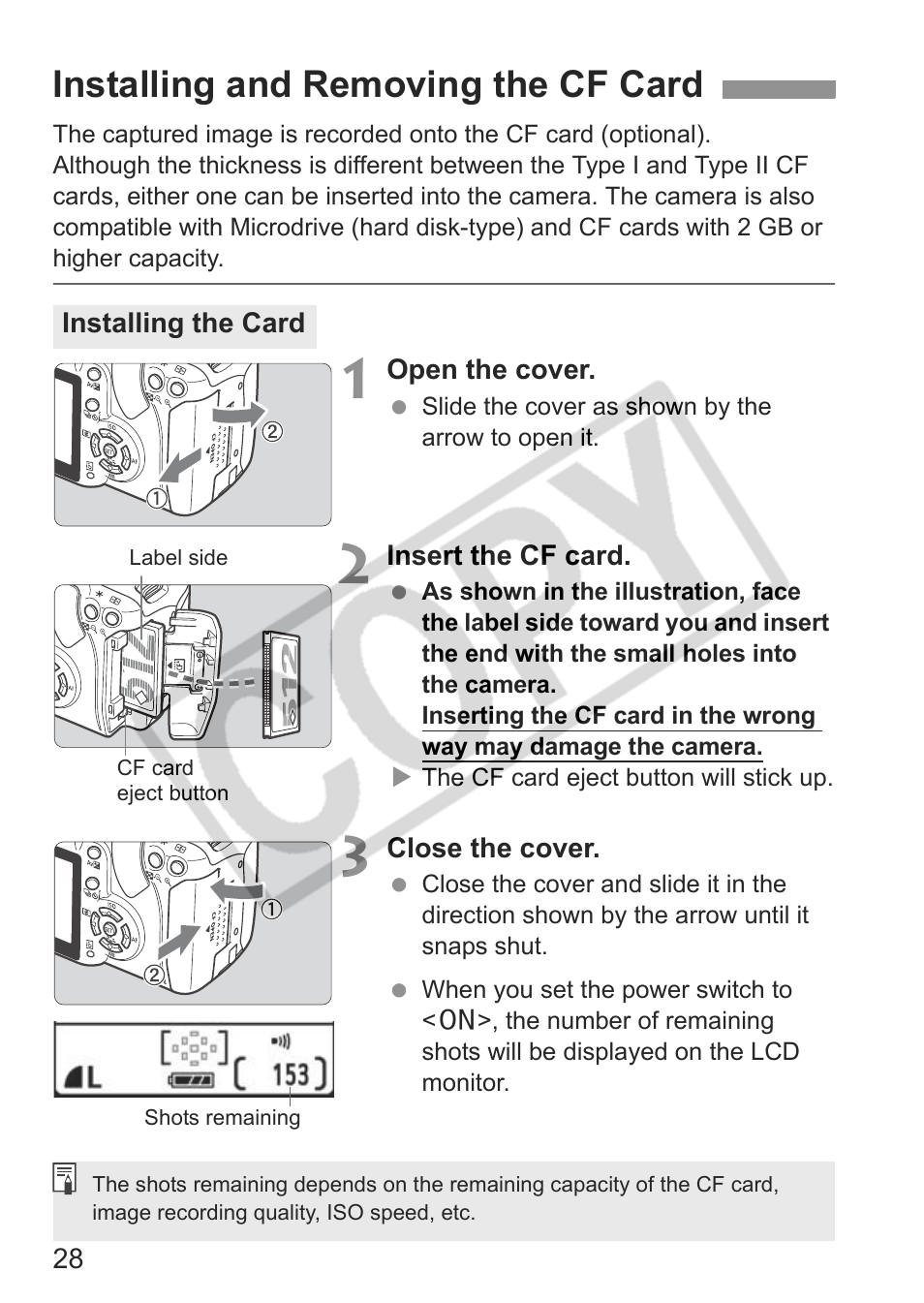 Installing and removing the cf card | Canon EOS Rebel XTI User Manual | Page 28 / 180