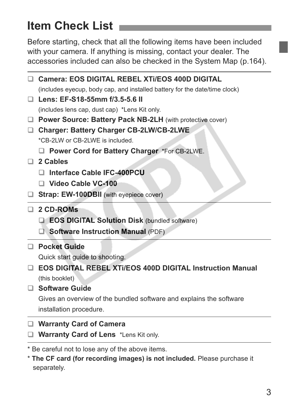 Item check list | Canon EOS Rebel XTI User Manual | Page 3 / 180