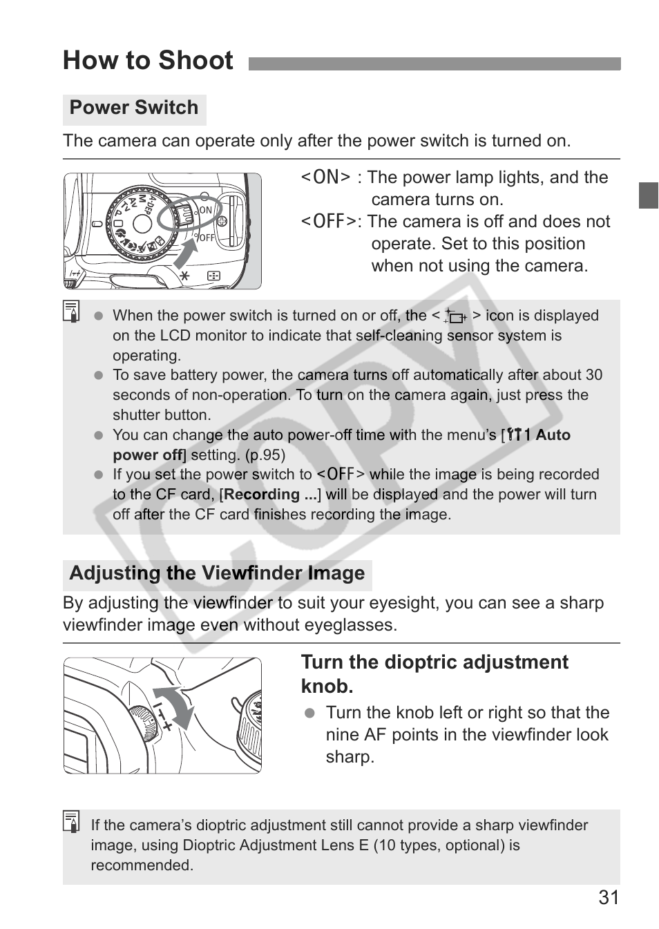 How to shoot, Turn the dioptric adjustment knob, Power switch adjusting the viewfinder image | Canon EOS Rebel XTI User Manual | Page 31 / 180