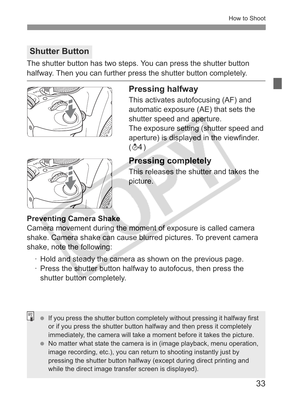 Pressing halfway, Pressing completely, Shutter button | Canon EOS Rebel XTI User Manual | Page 33 / 180