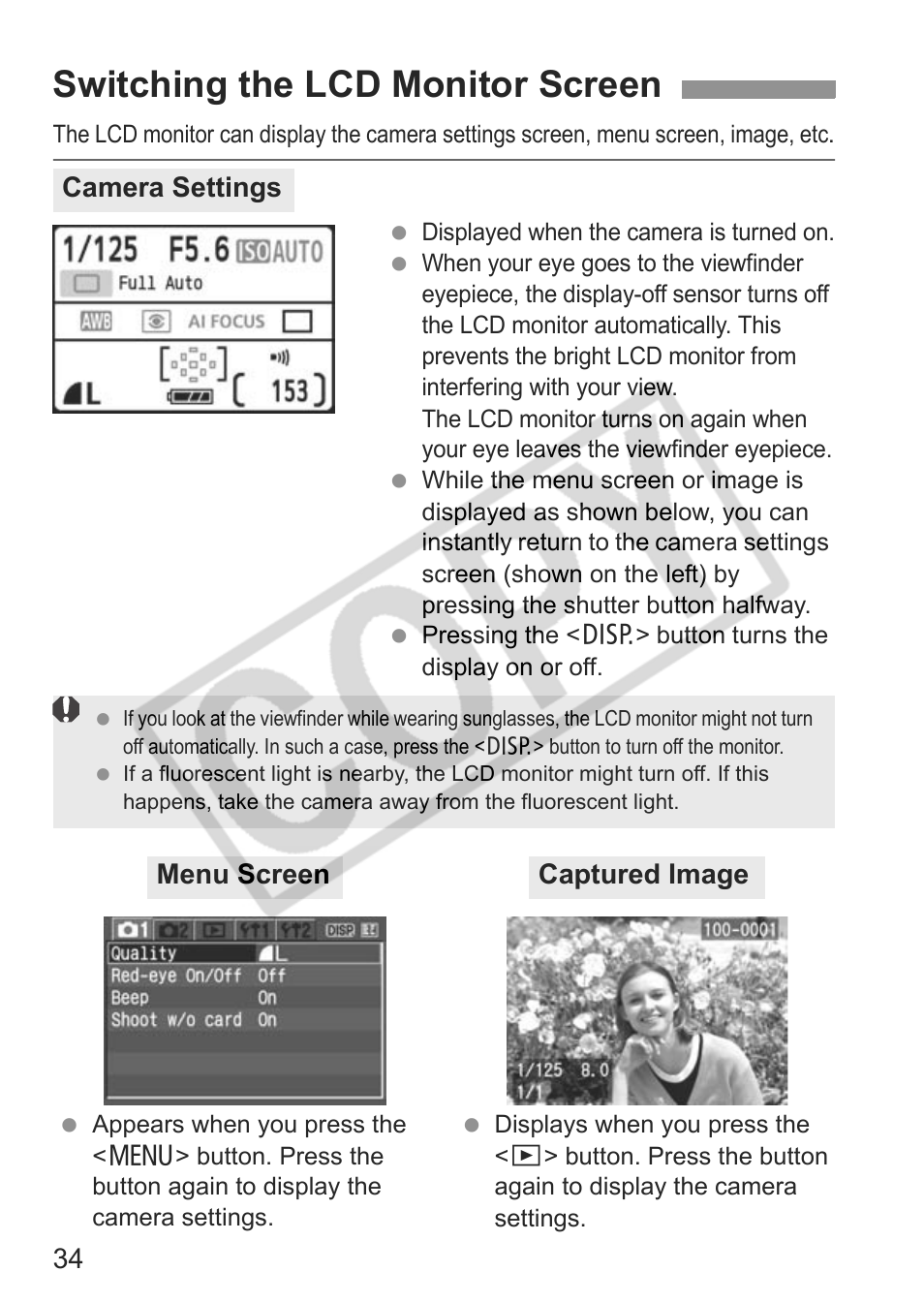 Switching the lcd monitor screen | Canon EOS Rebel XTI User Manual | Page 34 / 180