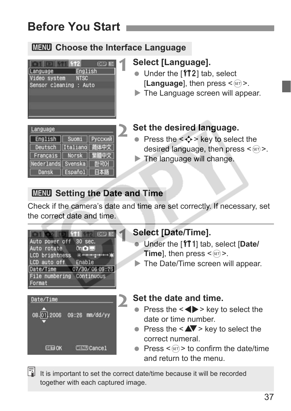 Before you start | Canon EOS Rebel XTI User Manual | Page 37 / 180