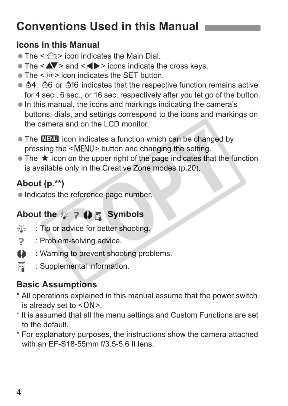 Conventions used in this manual | Canon EOS Rebel XTI User Manual | Page 4 / 180