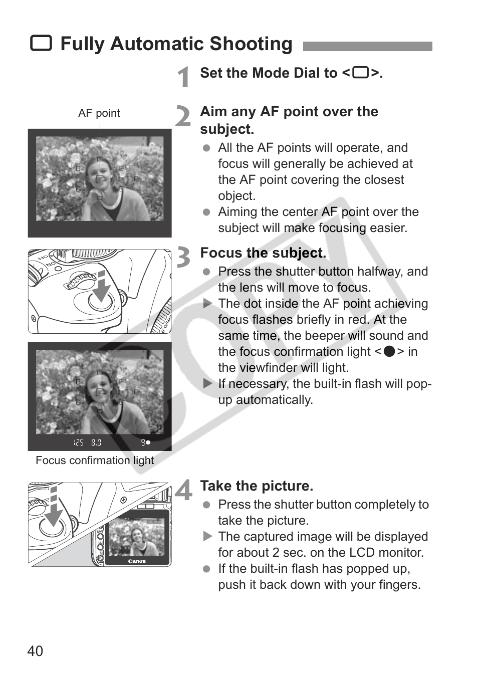 1fully automatic shooting | Canon EOS Rebel XTI User Manual | Page 40 / 180