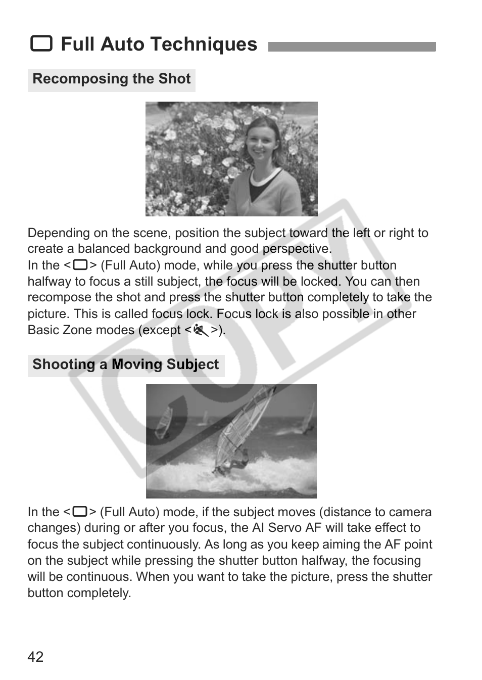 1full auto techniques | Canon EOS Rebel XTI User Manual | Page 42 / 180