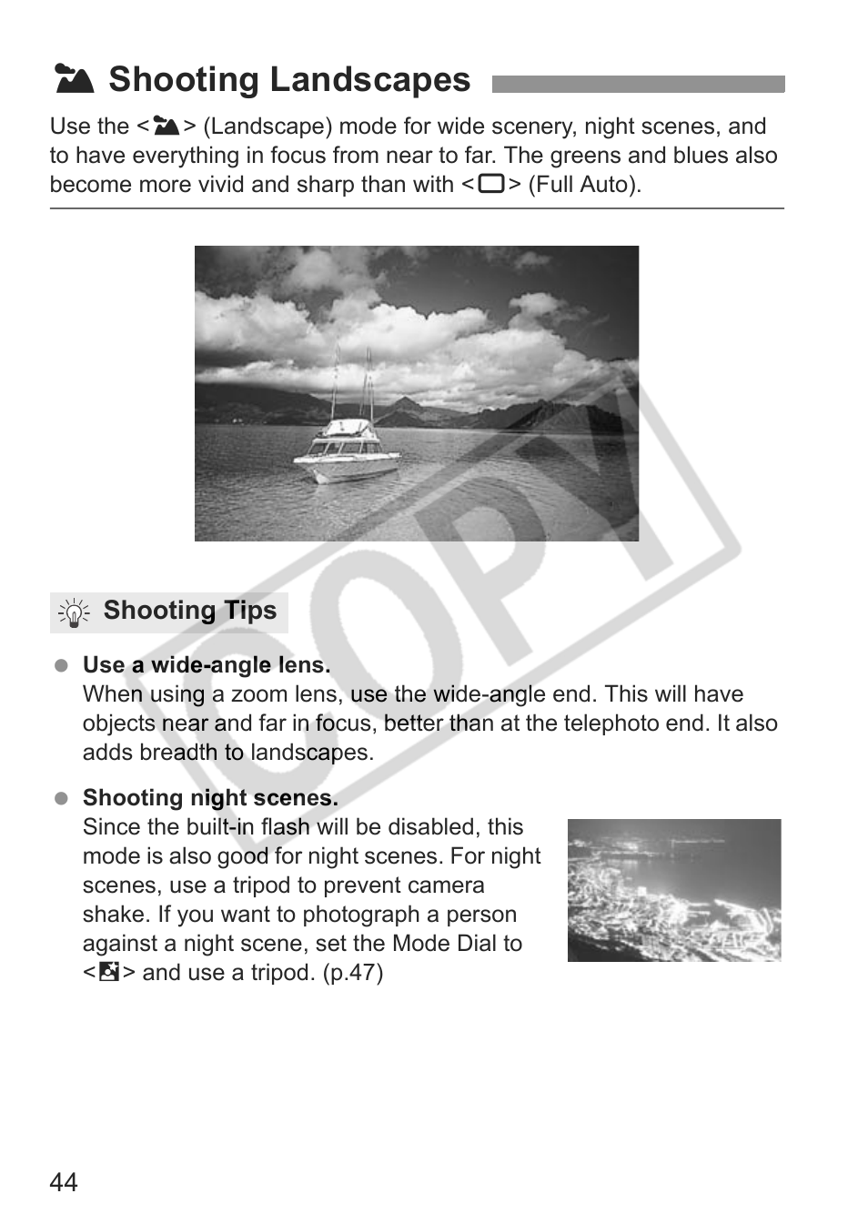 3shooting landscapes | Canon EOS Rebel XTI User Manual | Page 44 / 180