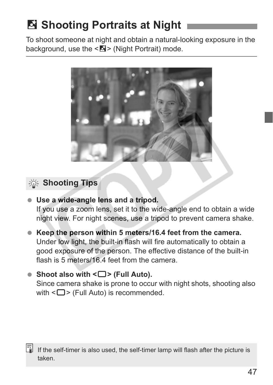 6shooting portraits at night | Canon EOS Rebel XTI User Manual | Page 47 / 180