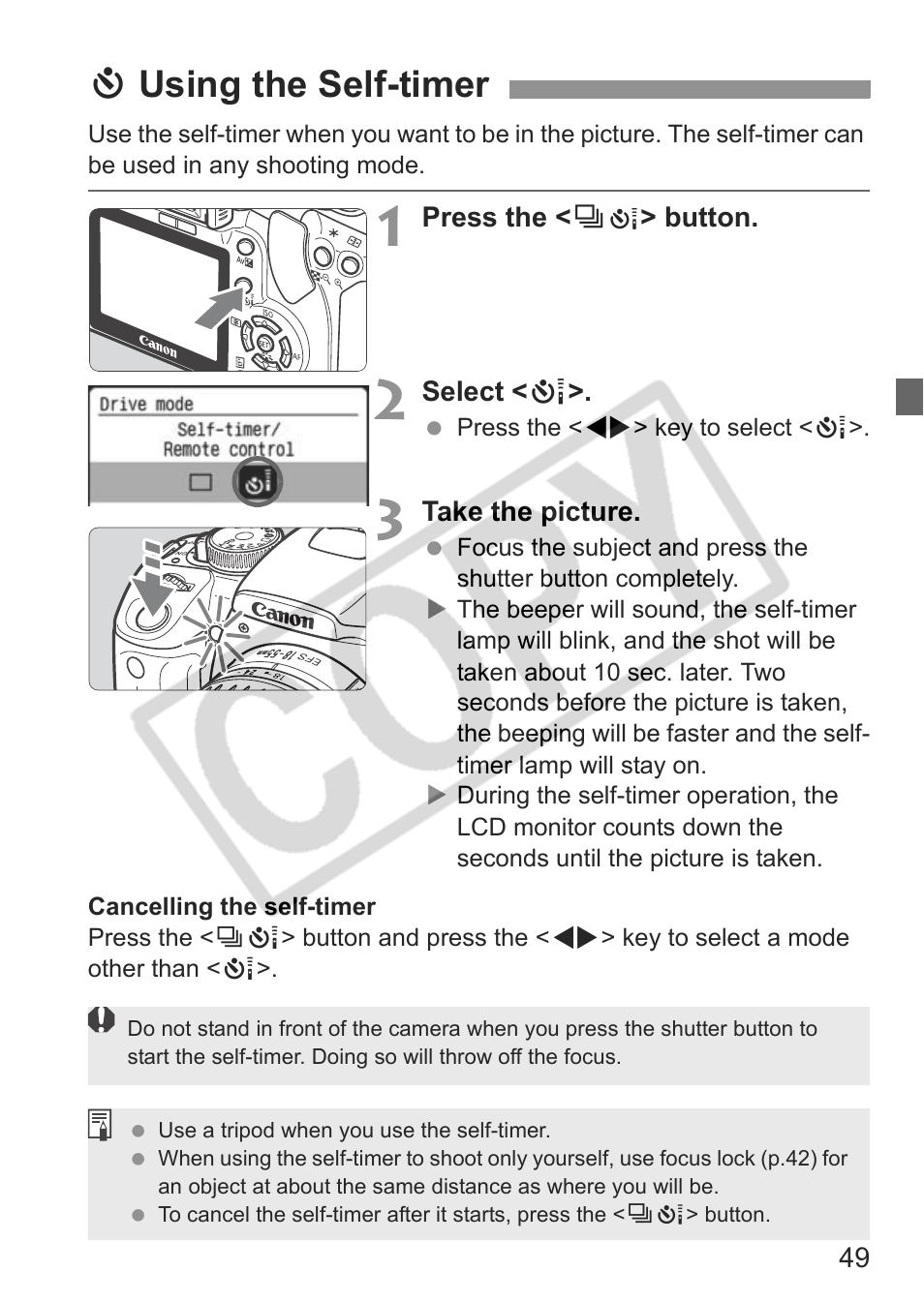 Jusing the self-timer | Canon EOS Rebel XTI User Manual | Page 49 / 180