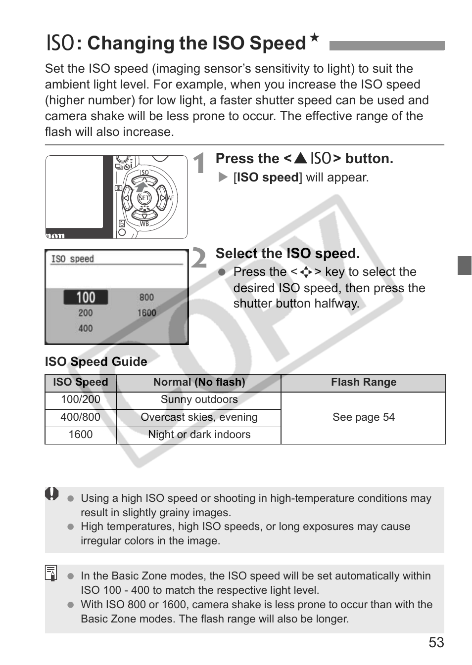 Z: changing the iso speed n | Canon EOS Rebel XTI User Manual | Page 53 / 180