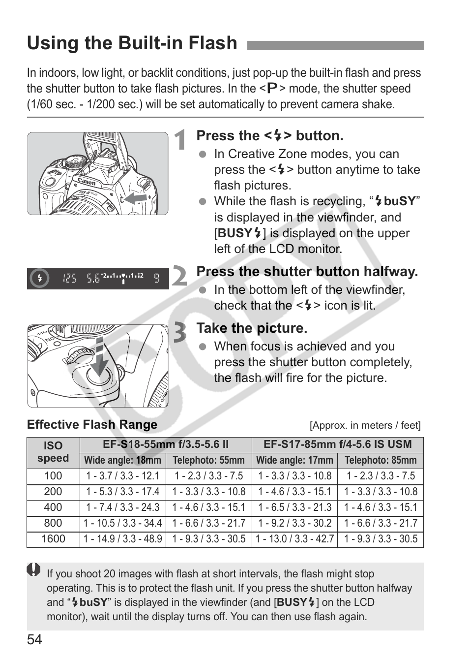 Using the built-in flash | Canon EOS Rebel XTI User Manual | Page 54 / 180