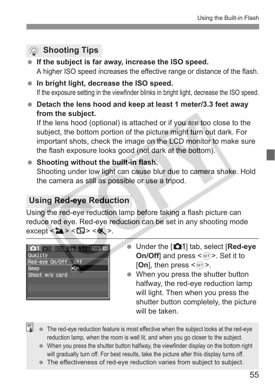 Shooting tips using red-eye reduction | Canon EOS Rebel XTI User Manual | Page 55 / 180