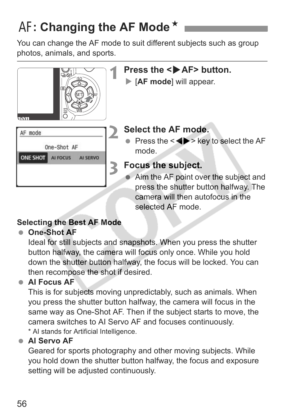 E: changing the af mode n | Canon EOS Rebel XTI User Manual | Page 56 / 180