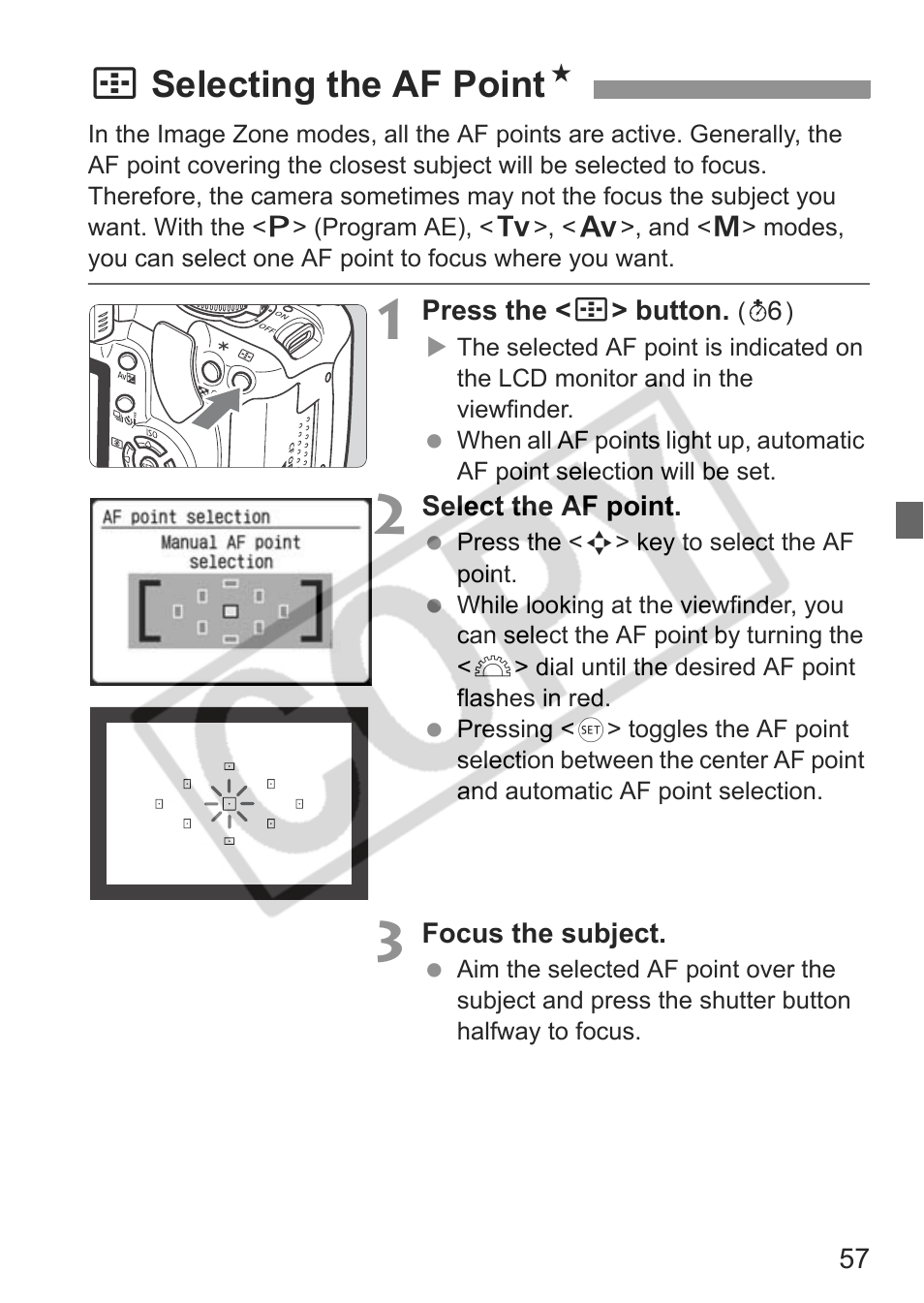 Sselecting the af point n | Canon EOS Rebel XTI User Manual | Page 57 / 180