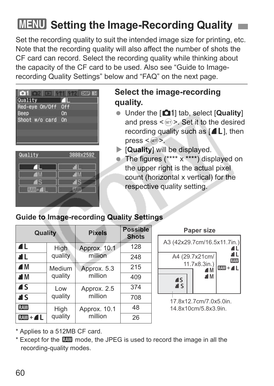 Setting the image-recording quality, Select the image-recording quality | Canon EOS Rebel XTI User Manual | Page 60 / 180
