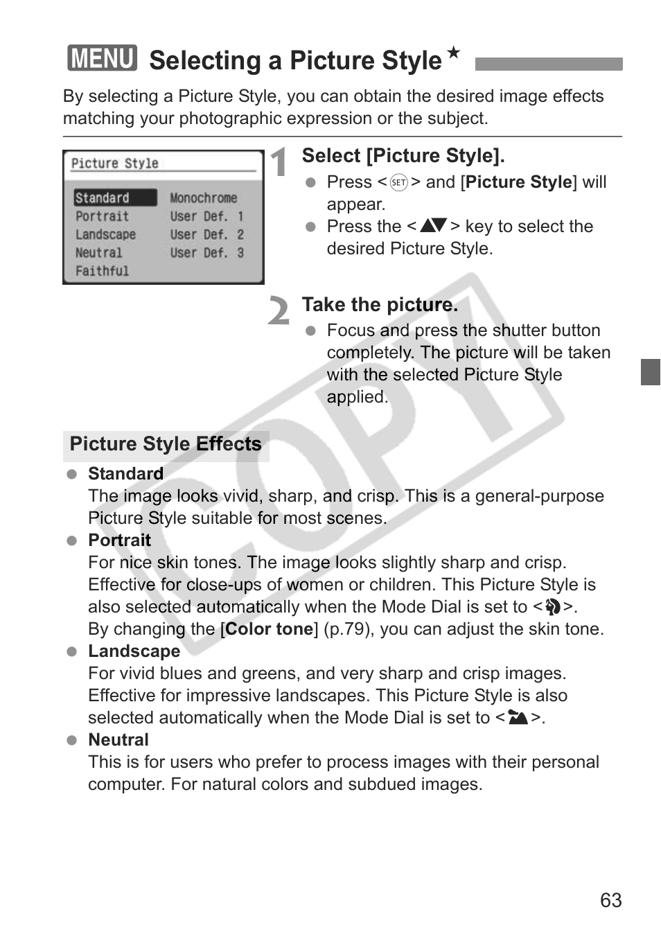 Selecting a picture style n | Canon EOS Rebel XTI User Manual | Page 63 / 180