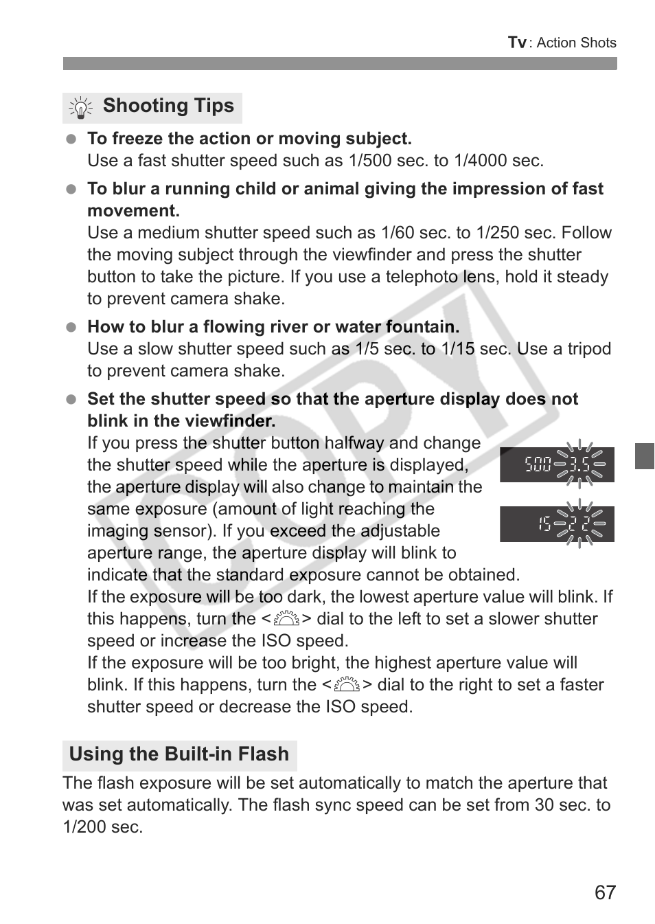 Shooting tips using the built-in flash | Canon EOS Rebel XTI User Manual | Page 67 / 180
