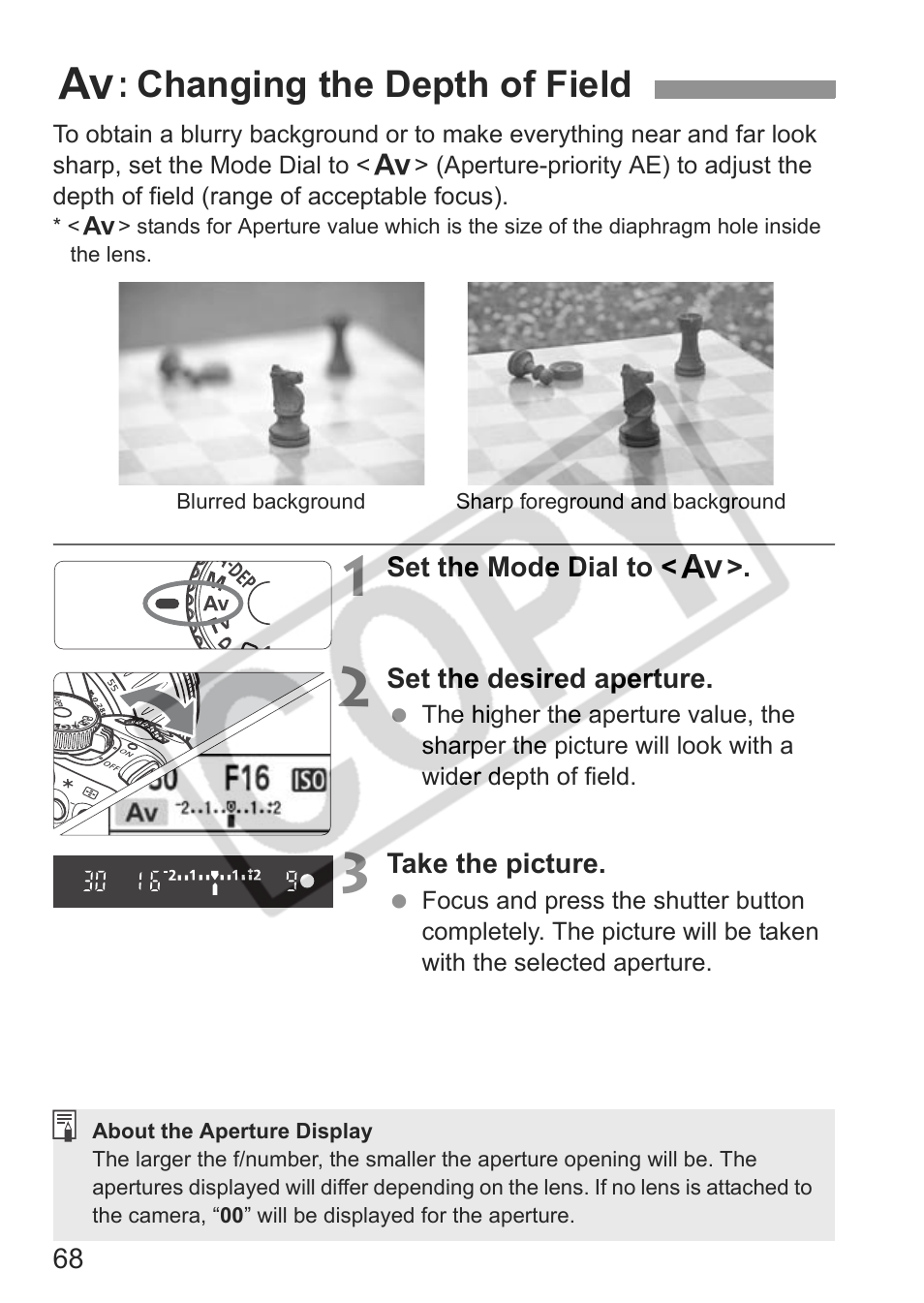 F: changing the depth of field | Canon EOS Rebel XTI User Manual | Page 68 / 180