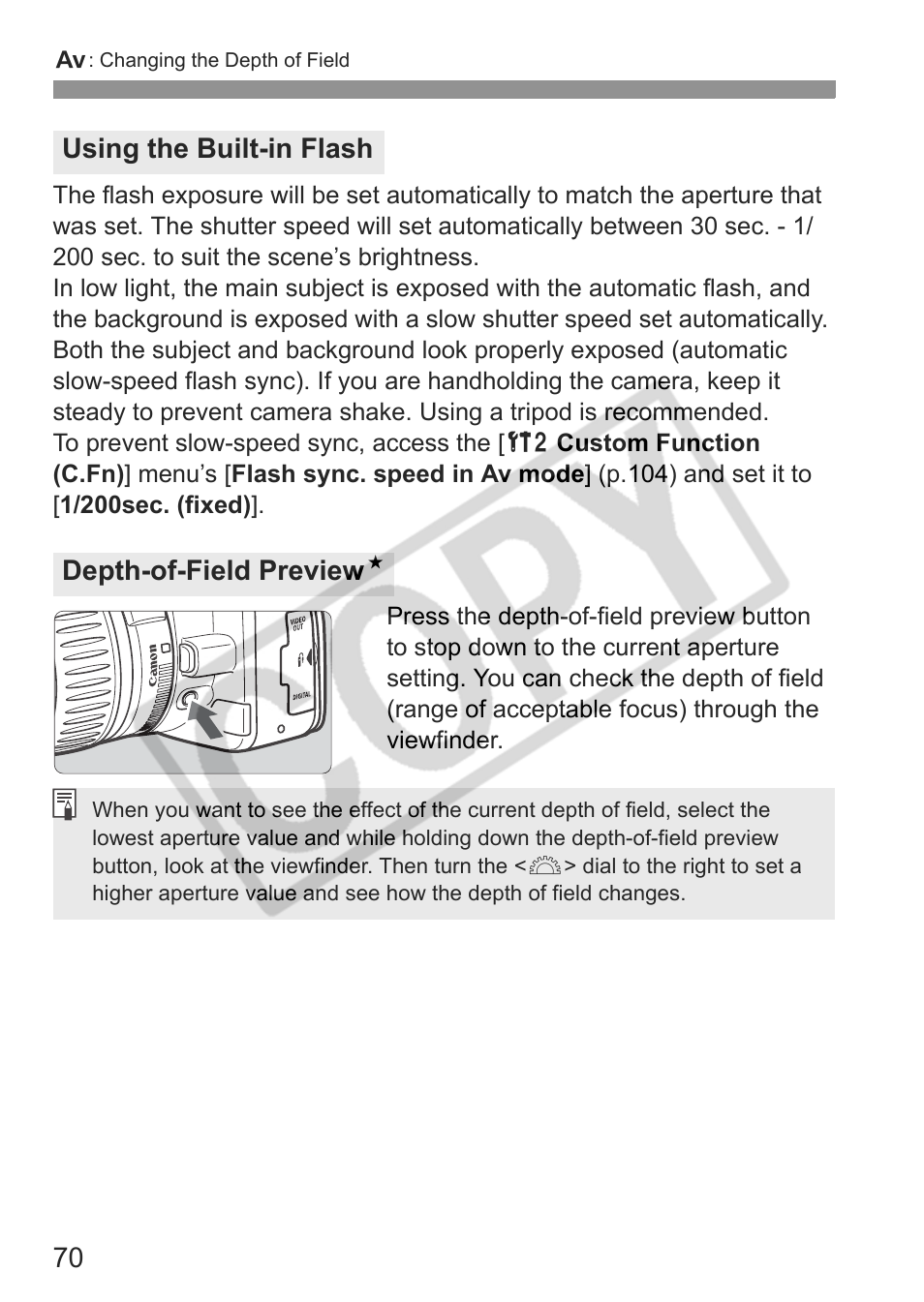 Using the built-in flash depth-of-field preview n | Canon EOS Rebel XTI User Manual | Page 70 / 180