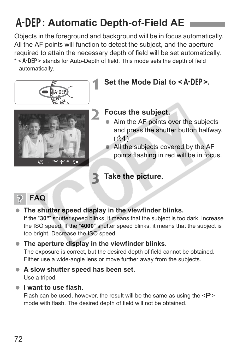 Automatic depth-of-field ae | Canon EOS Rebel XTI User Manual | Page 72 / 180