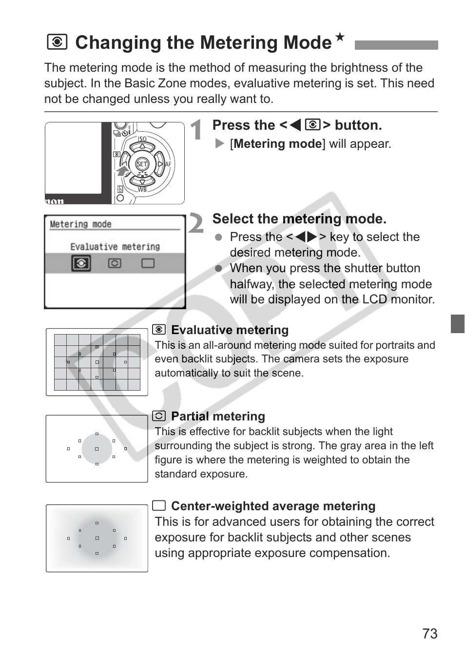 Qchanging the metering mode n | Canon EOS Rebel XTI User Manual | Page 73 / 180