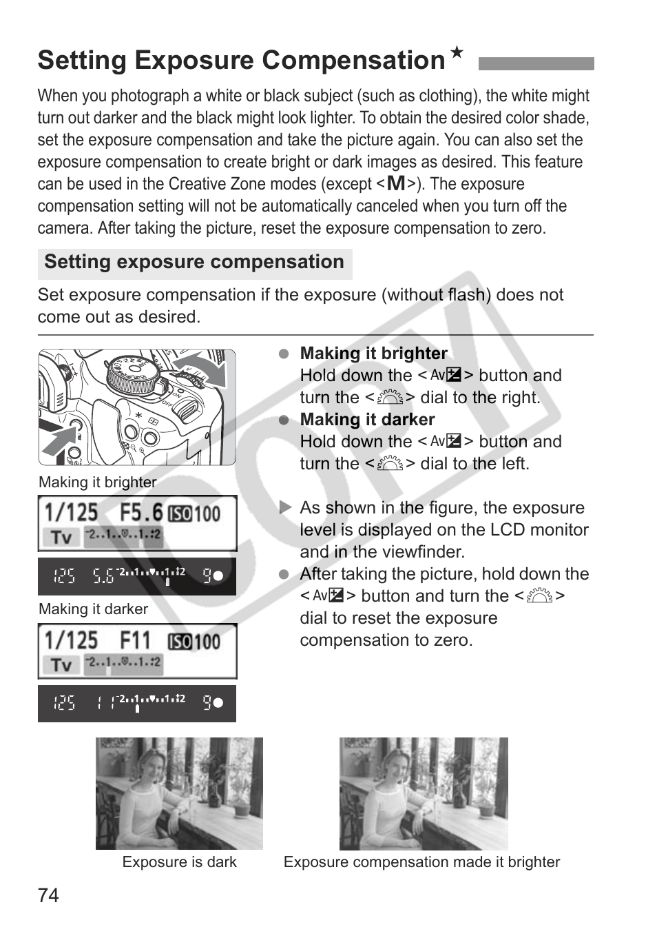 Setting exposure compensation n, Setting exposure compensation | Canon EOS Rebel XTI User Manual | Page 74 / 180