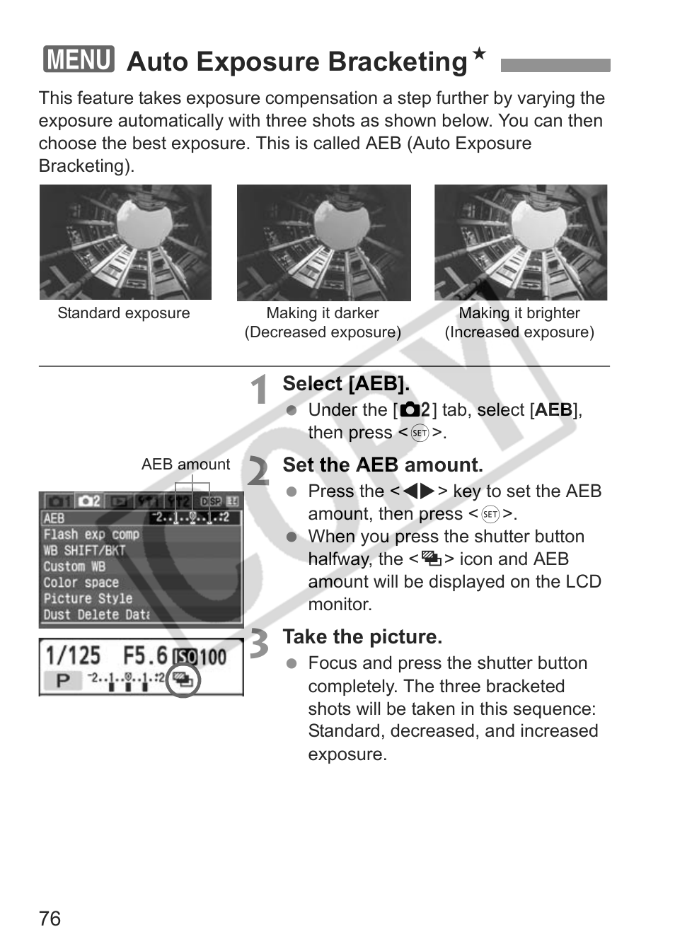 Auto exposure bracketing n | Canon EOS Rebel XTI User Manual | Page 76 / 180