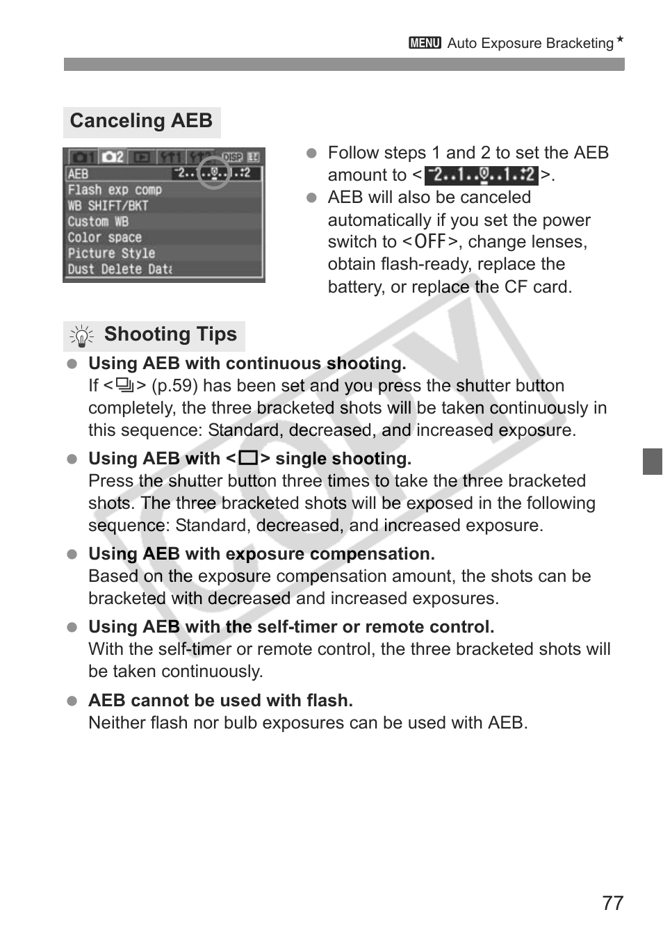 Canceling aeb shooting tips | Canon EOS Rebel XTI User Manual | Page 77 / 180