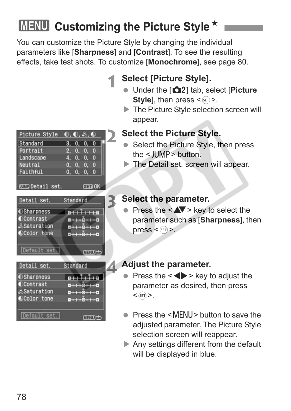 Customizing the picture style n | Canon EOS Rebel XTI User Manual | Page 78 / 180