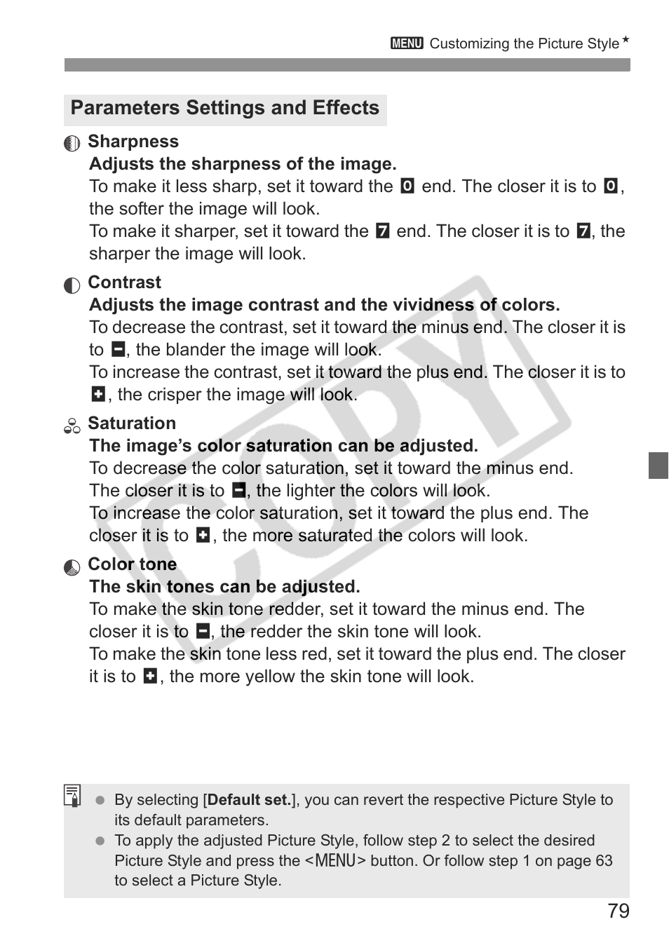 Parameters settings and effects | Canon EOS Rebel XTI User Manual | Page 79 / 180