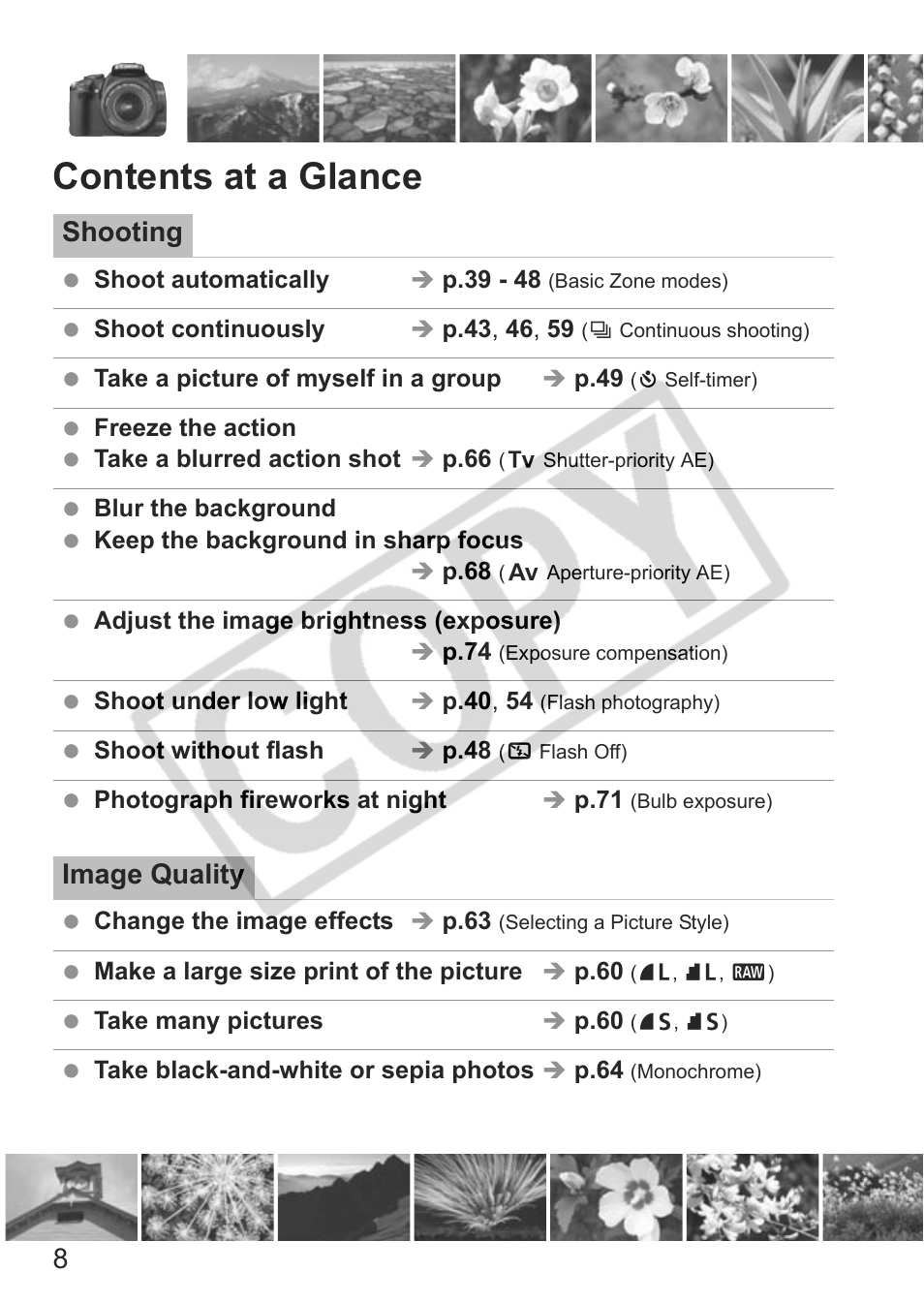 Contents at a glance, Shooting, Image quality | Canon EOS Rebel XTI User Manual | Page 8 / 180