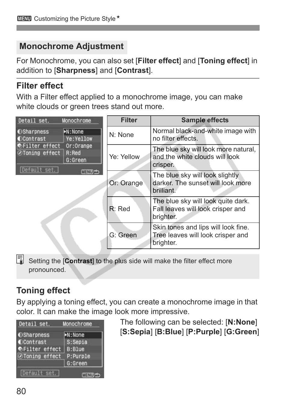 Filter effect, Toning effect, Monochrome adjustment | Canon EOS Rebel XTI User Manual | Page 80 / 180