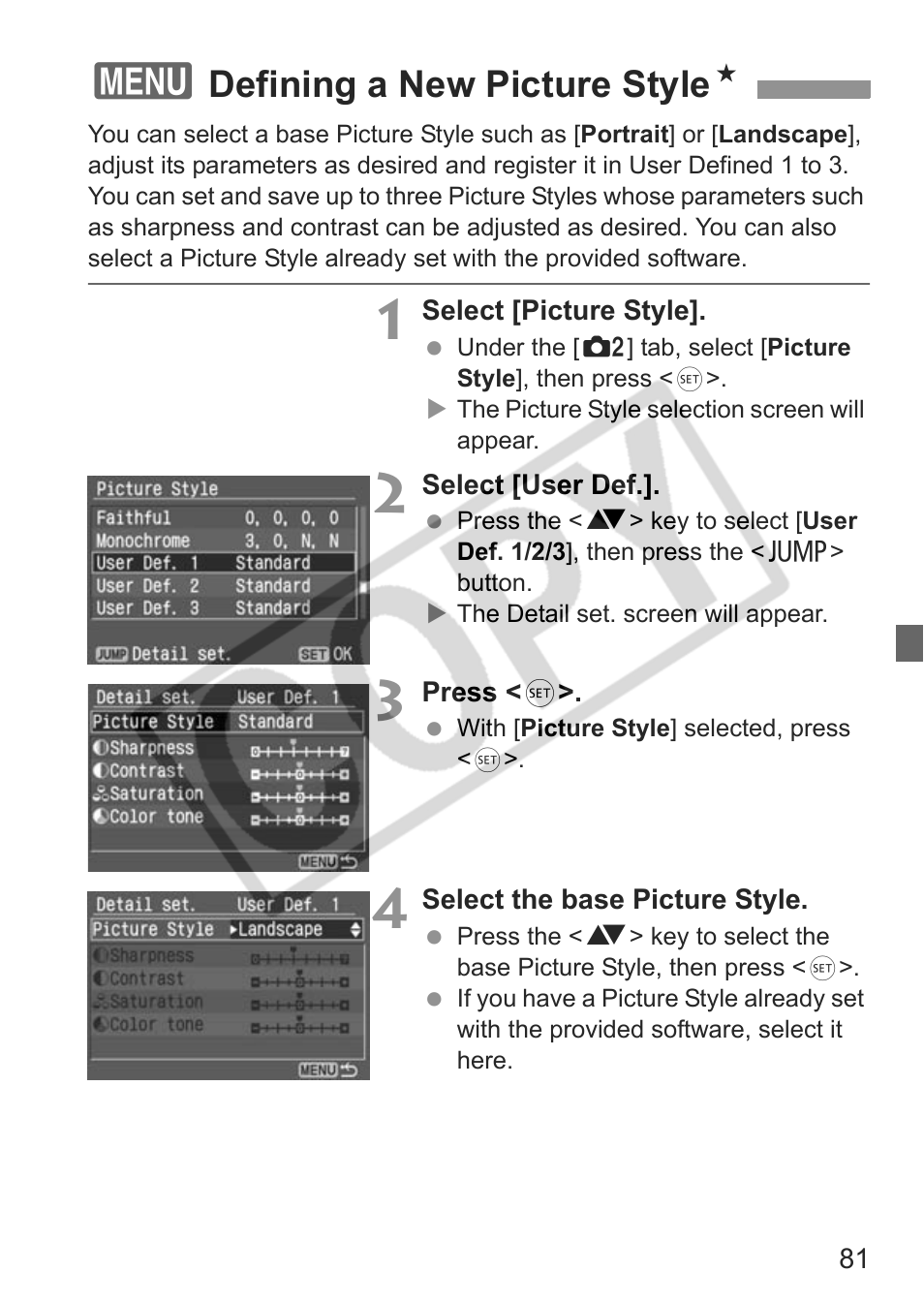 Defining a new picture style n | Canon EOS Rebel XTI User Manual | Page 81 / 180